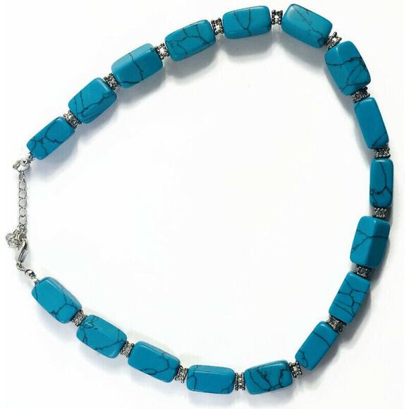 Rectangular Faux Turquoise Rock Necklace 16.5" Long Silver Clasp - Picture 9 of 10
